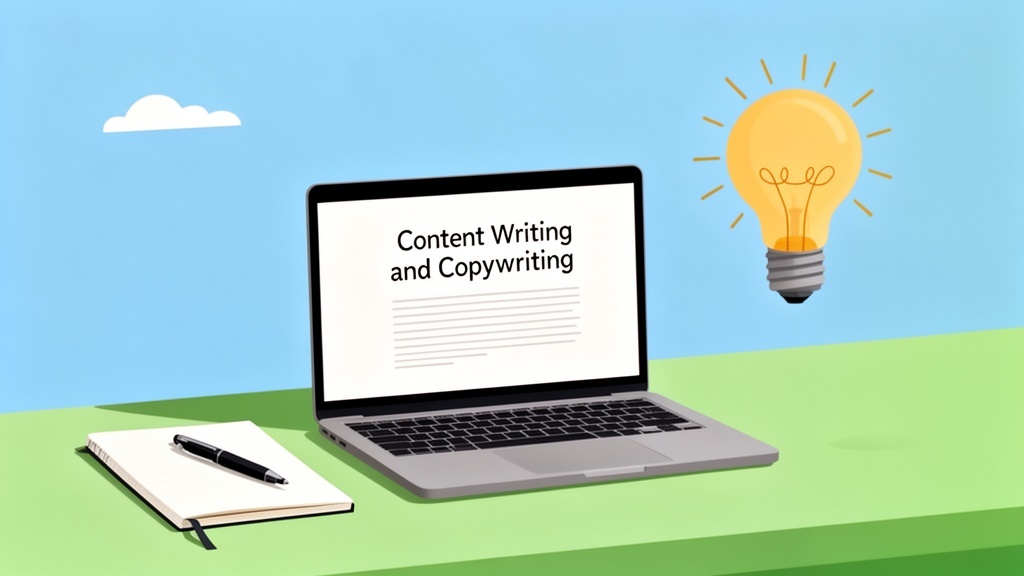 Freelance writer at desk with notebook and laptop